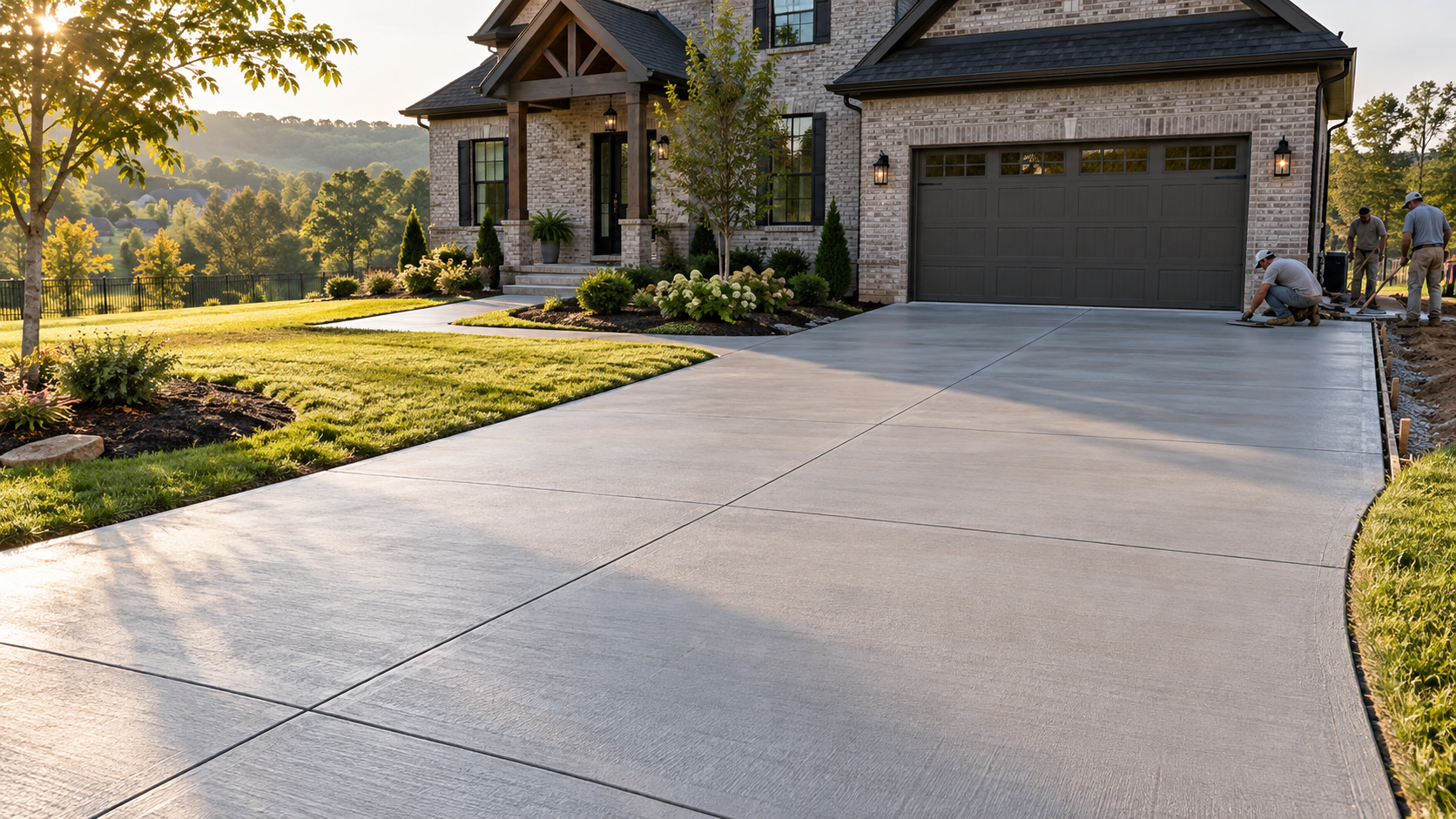 Newly finished concrete driveway and walkway at a Middle Tennessee home